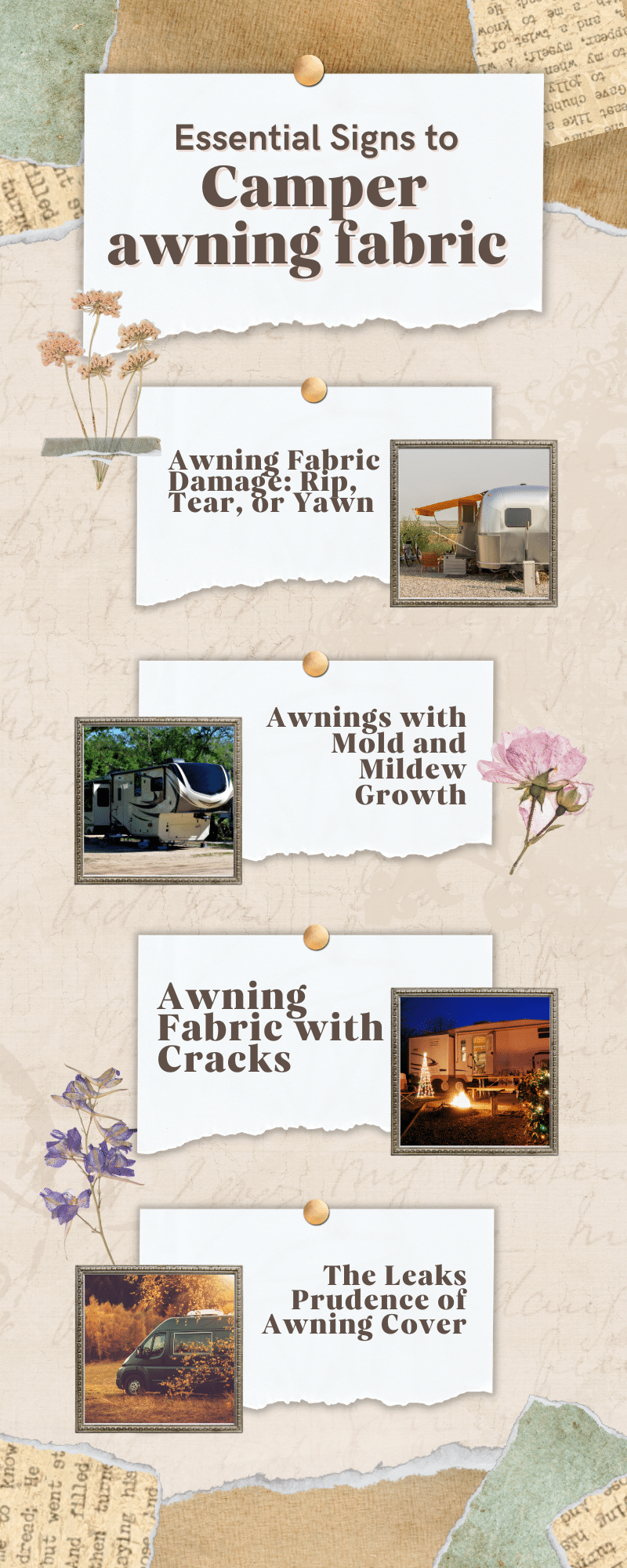Essential Signs to Replace Your Camper Awning Fabric including, awning fabric damage: rip, tear, or yawn; awnings with mold and mildew growth; awning fabric with cracks; the leaks prudence of awning cover; faded awning colors, your awning is hangin' down, your awning age.