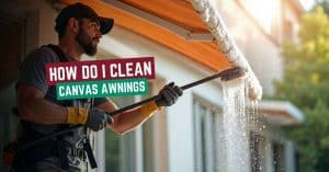 Man cleaning canvas awning with brush and water, easy DIY guide for awning care, maintenance, and shine