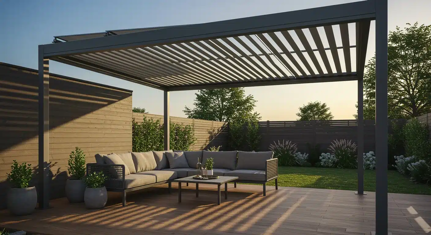 Aluminum louvered pergola installed over a stylish outdoor patio.