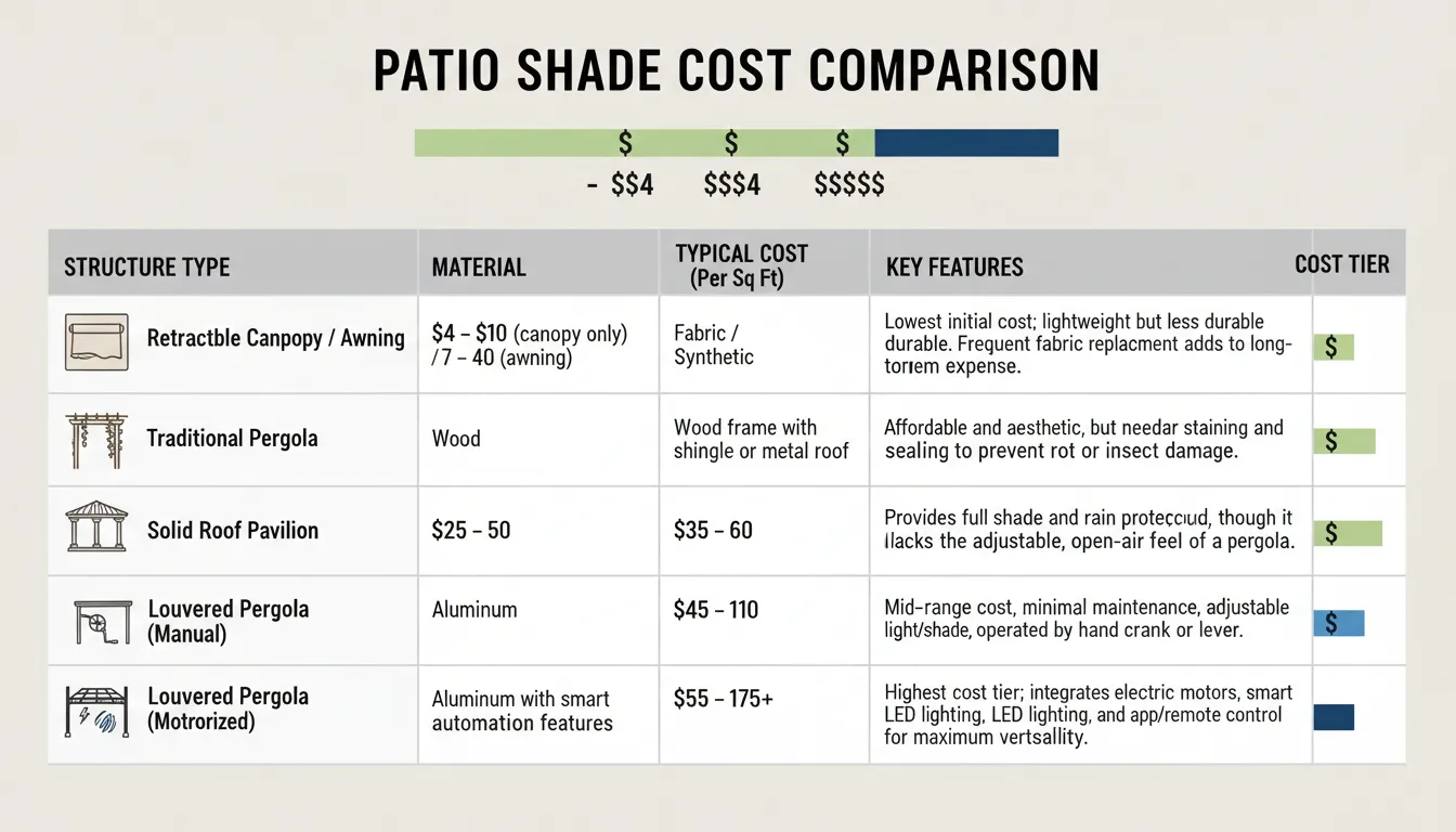 Cost comparison chart of louvered pergola vs other patio shade options.
