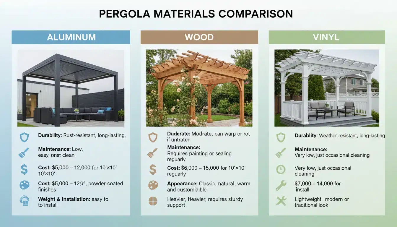 Comparison of aluminum, wood, and vinyl materials for pergolas.