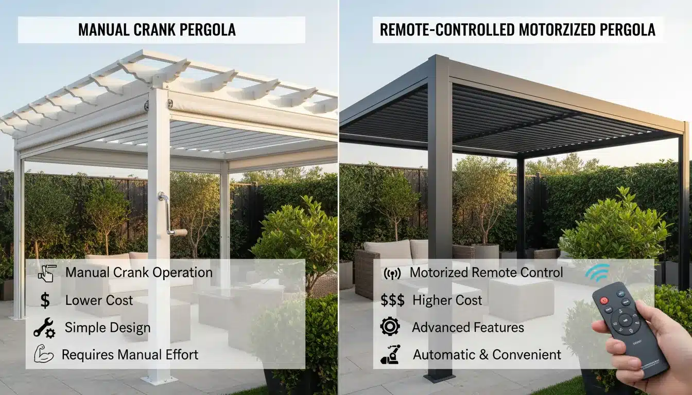 Manual vs motorized louvered pergola systems comparison.