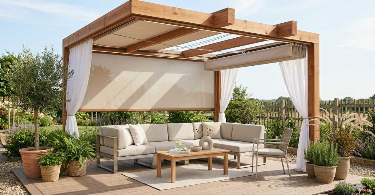 Layered cedar pergola with multi-level beams and retractable canvas canopy