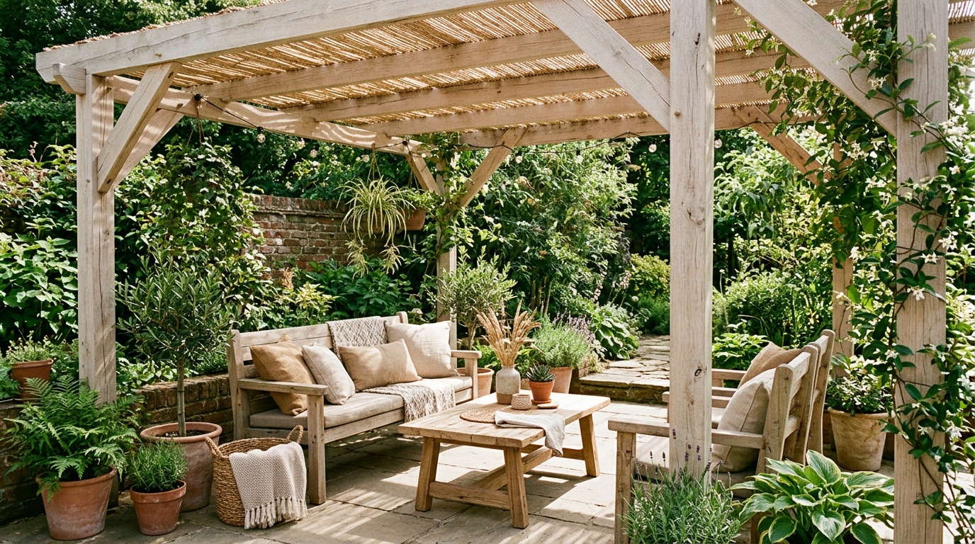 Natural wood pergola with woven reed mats