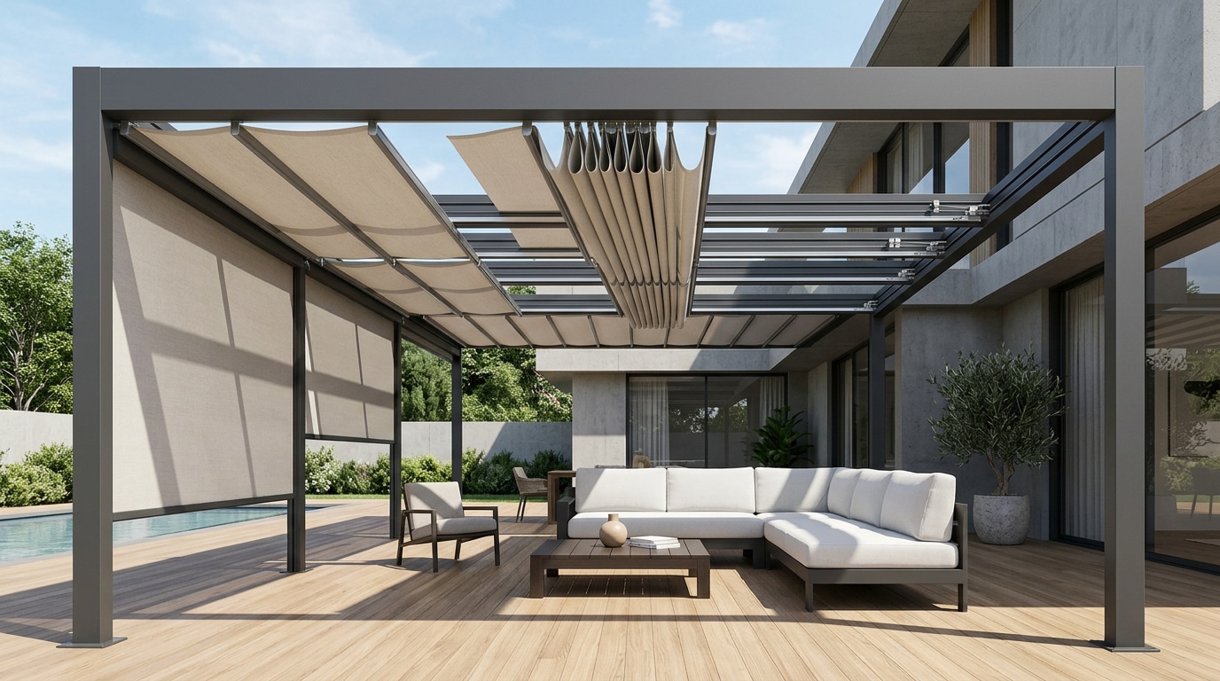 Pergola with sliding fabric panel track system